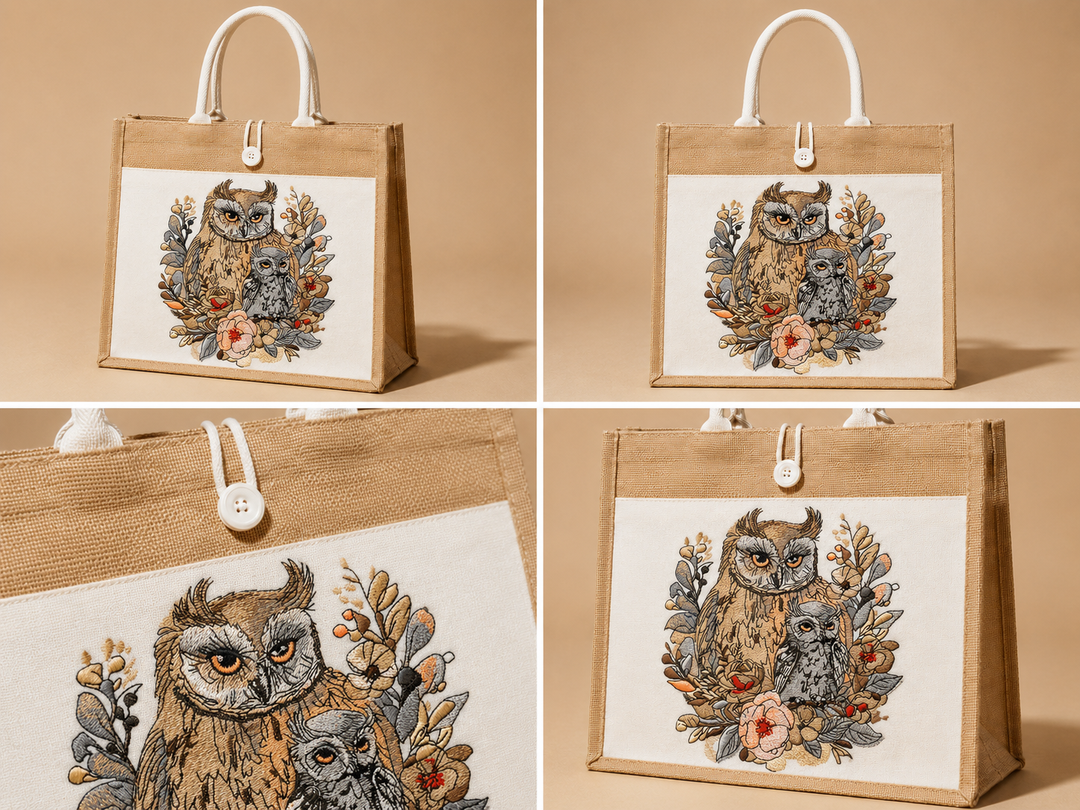 Brown tote bag with owl design on a beige background
