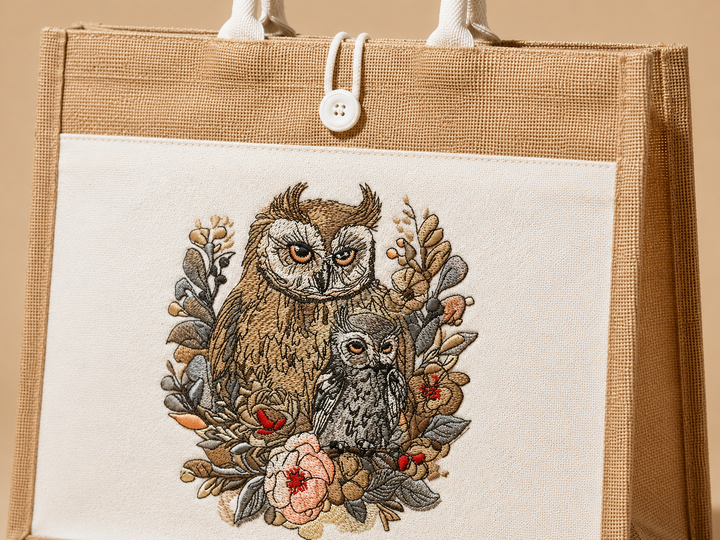 Jute bag with embroidered design of an owl and flowers on a beige background