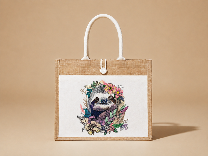 Jute bag with a sloth illustration on a beige background