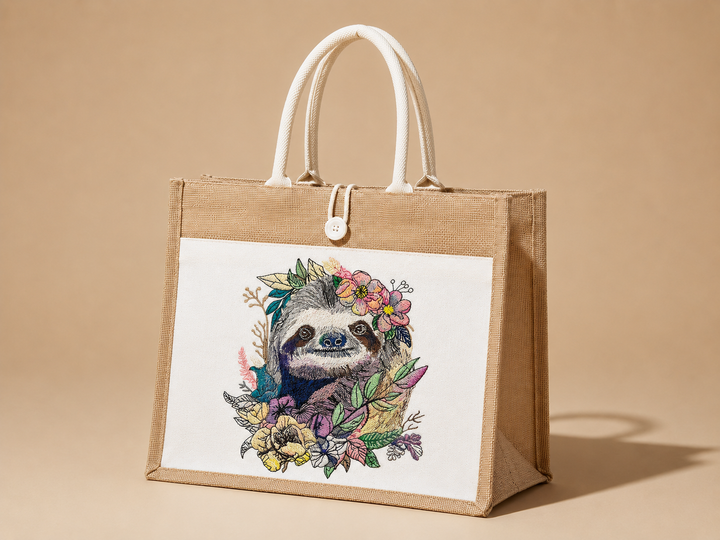 Jute bag with a sloth and floral design on a beige background