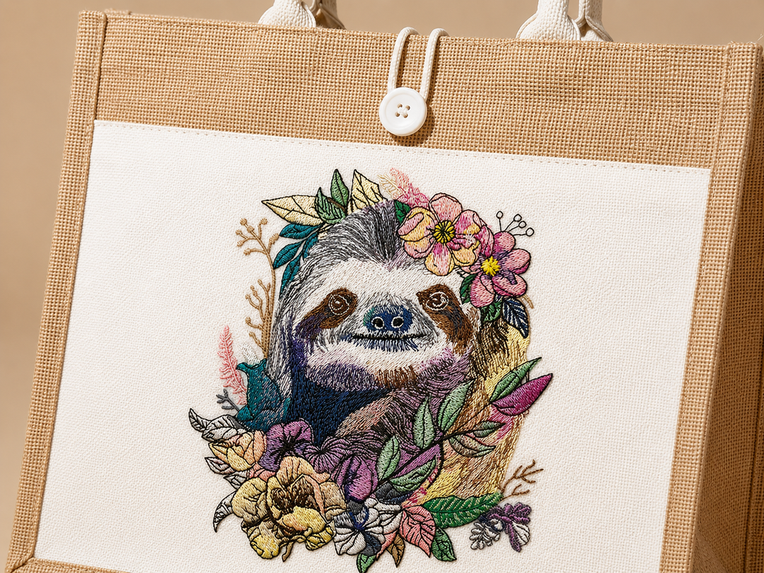 Embroidery of a sloth surrounded by flowers and leaves on a beige background.