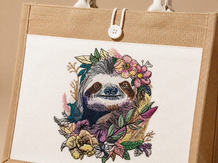 Embroidery of a sloth surrounded by flowers and leaves on a beige background.