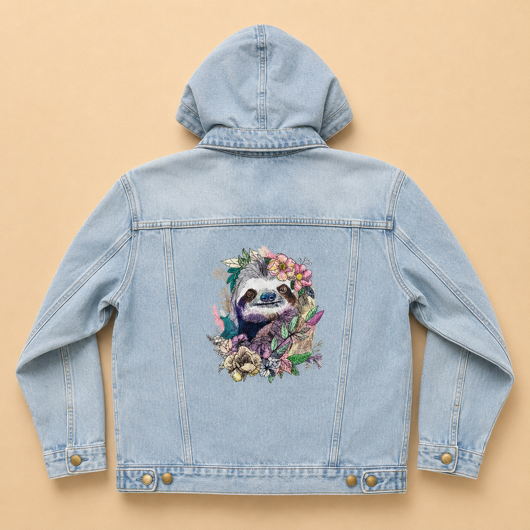 Woodland Sloth Bloom – Denim Hoodie Jacket Mockup | Hand Finished in Dubai