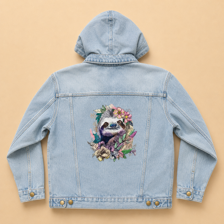 Woodland Sloth Bloom – Denim Hoodie Jacket Mockup | Hand Finished in Dubai