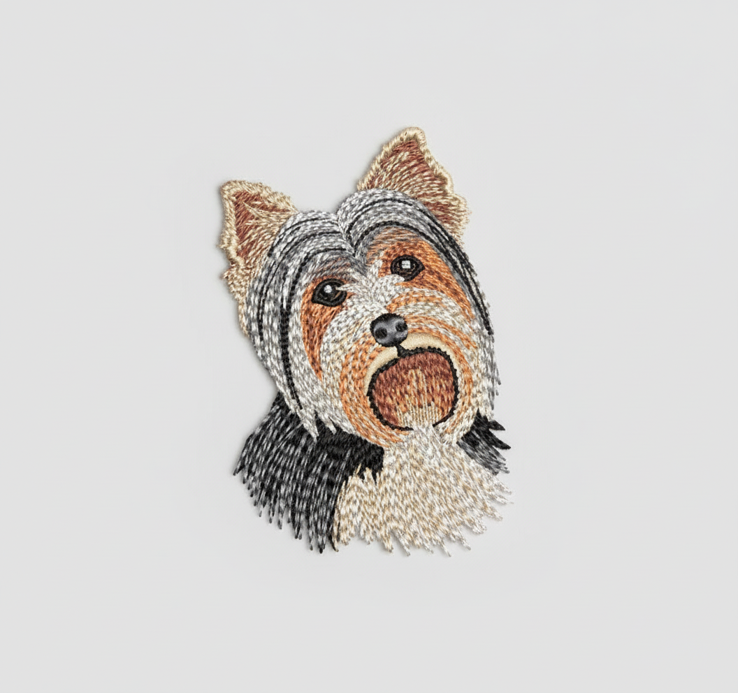 Realistic Yorkshire Terrier embroidery patch featuring a detailed Yorkie face with silky gray and tan fur, pointed ears, and dark eyes, stitched with textured thread shading on a light background, original EmbroMania artwork.