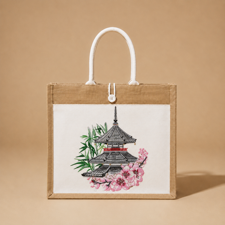 Tote bag with a design of a pagoda and cherry blossoms on a beige background
