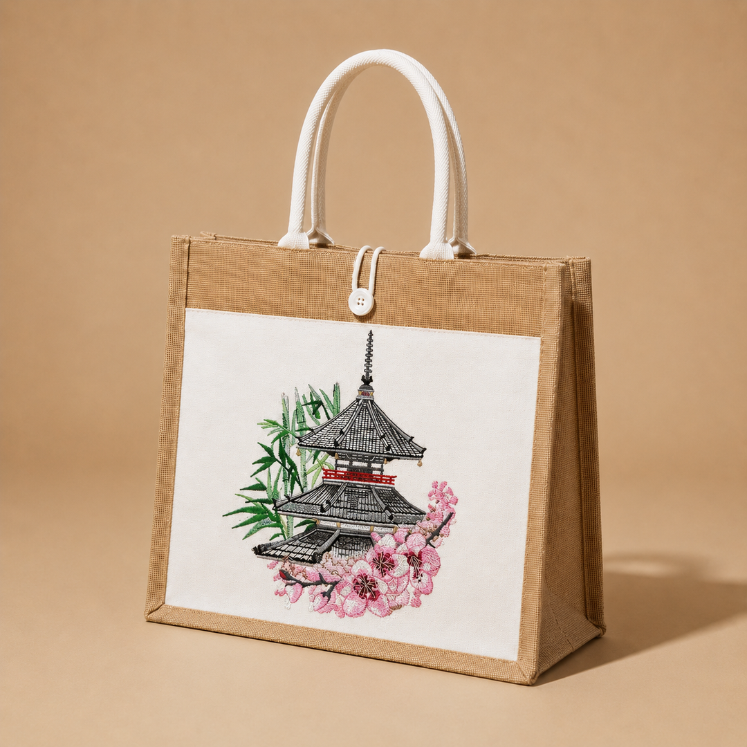 Jute bag with a design of a pagoda, bamboo, and cherry blossoms on a beige background
