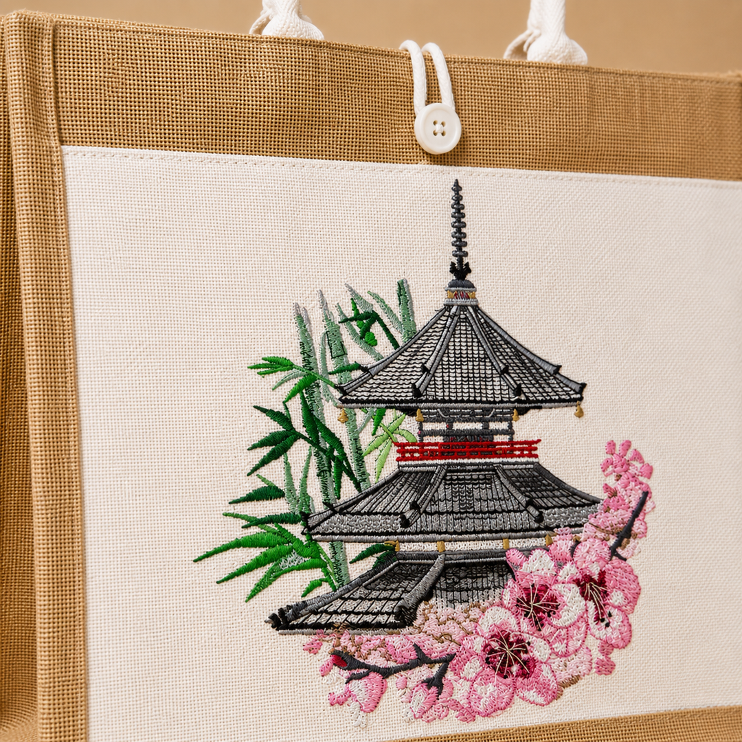 Embroidery of a pagoda with cherry blossoms and bamboo on beige fabric.