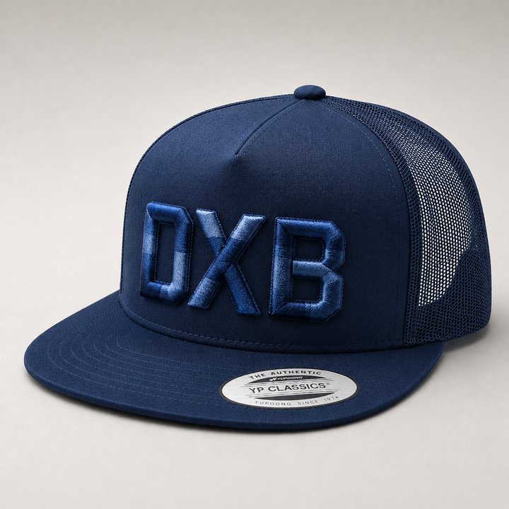 🌙 Abyss – Metro Block 3D Puff · Deep navy steel blue slate blue · Dark navy flat trucker | Hand Finished in Dubai | EmbroMania