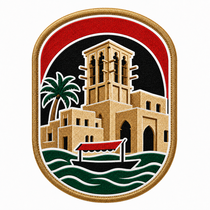 Al Fahidi Heritage embroidery patch featuring the historic wind-tower architecture of Al Fahidi with a traditional abra boat | Hand Finished in Dubai | EmbroMania