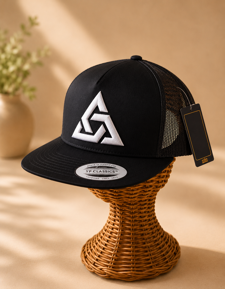 🖤⚡ Apex Ghost – Apex Knot · White 3D puff · Black Flat Trucker YP Classics | Hand Finished in Dubai | EmbroMania