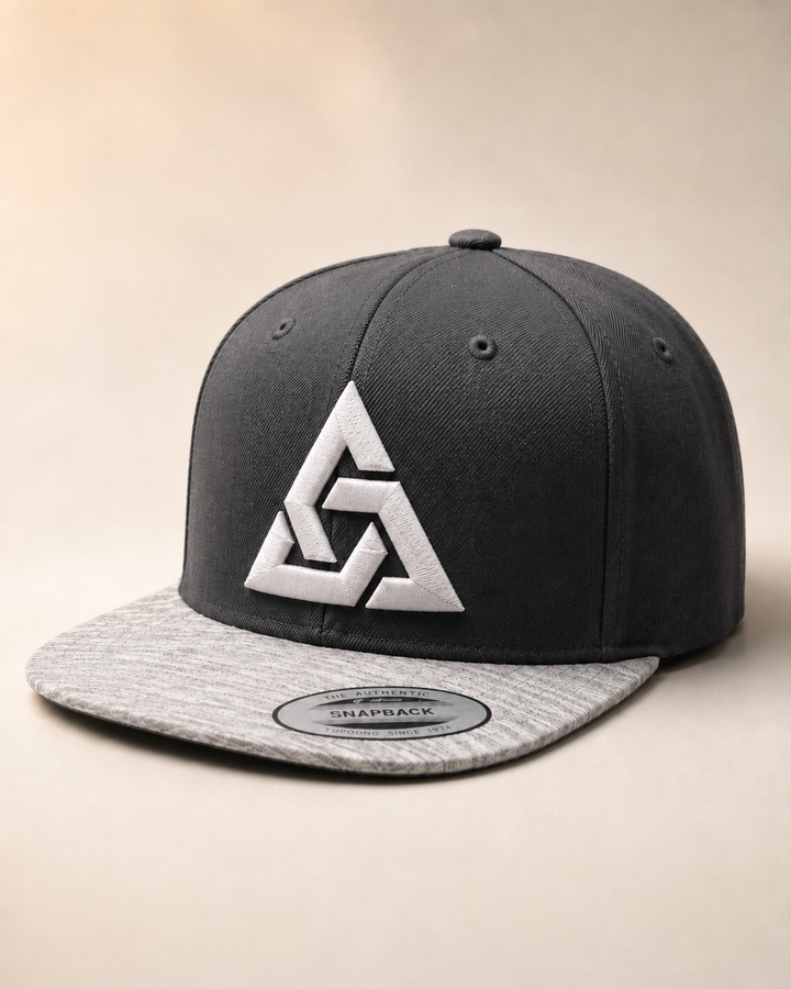 ⚡🌫️ Ash Knot – Apex Knot · White 3D puff · Charcoal &amp; Heather Grey Snapback | Hand Finished in Dubai | EmbroMania