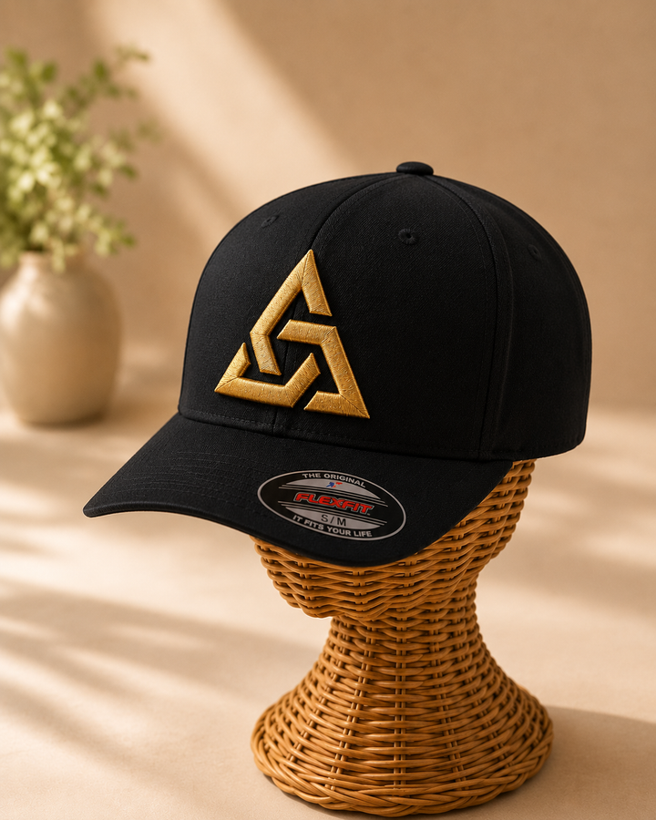 ✨🖤 Blackout Knot – Apex Knot · Gold 3D puff · Black Solid Flexfit | Hand Finished in Dubai | EmbroMania