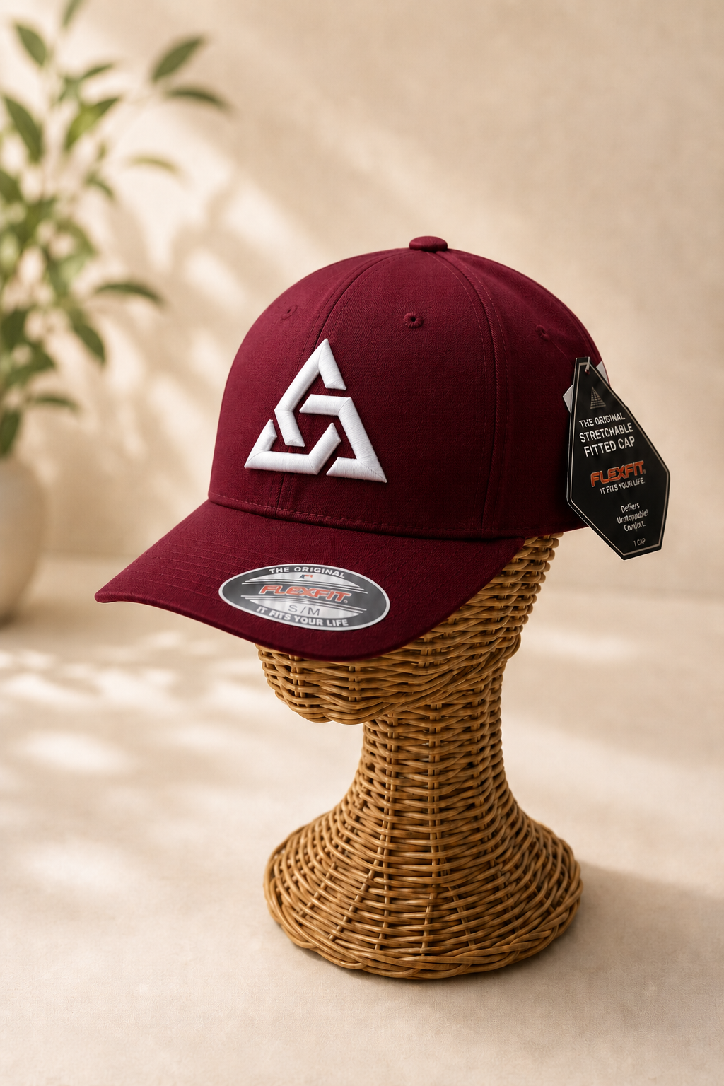 🍷⚡ Crimson Lock – Apex Knot · White 3D puff · Burgundy Flexfit Curved | Hand Finished in Dubai | EmbroMania