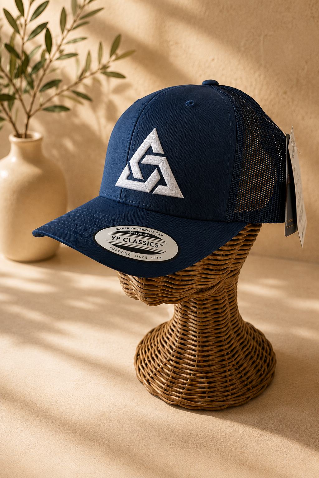 🌊⚡ Deep Axiom – Apex Knot · White 3D puff · Dark Navy Curved Trucker | Hand Finished in Dubai | EmbroMania