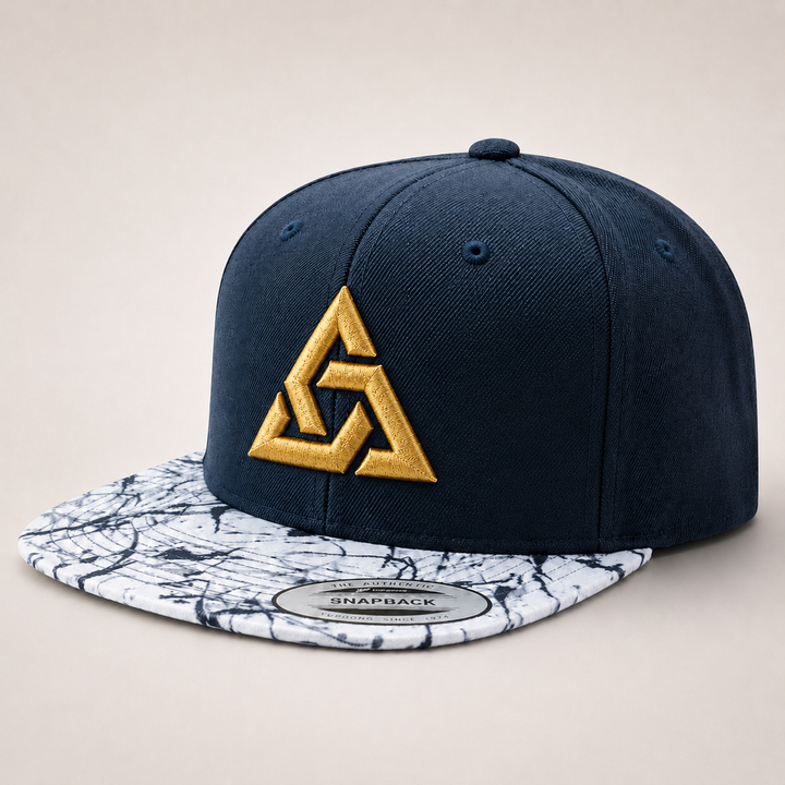 🌊✨ Marble Reign – Apex Knot · Gold 3D puff · Navy Crown &amp; Marble Brim Snapback | Hand Finished in Dubai | EmbroMania