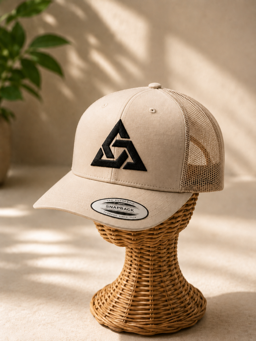 🏜️🖤 Sand Apex – Apex Knot · Black 3D puff · Sand Beige Retro Trucker | Hand Finished in Dubai | EmbroMania