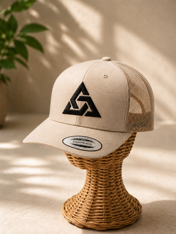 🏜️🖤 Sand Apex – Apex Knot · Black 3D puff · Sand Beige Retro Trucker | Hand Finished in Dubai | EmbroMania