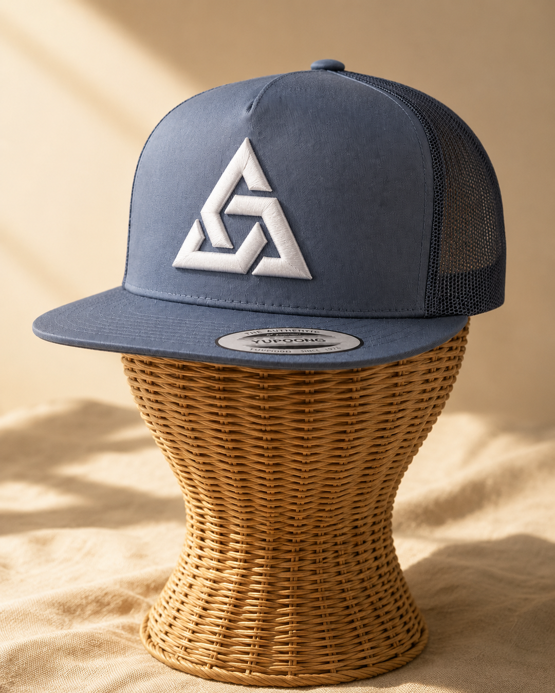 🌫️⚡ Steel Axiom – Apex Knot · White 3D puff · Steel Blue Flat Trucker | Hand Finished in Dubai | EmbroMania