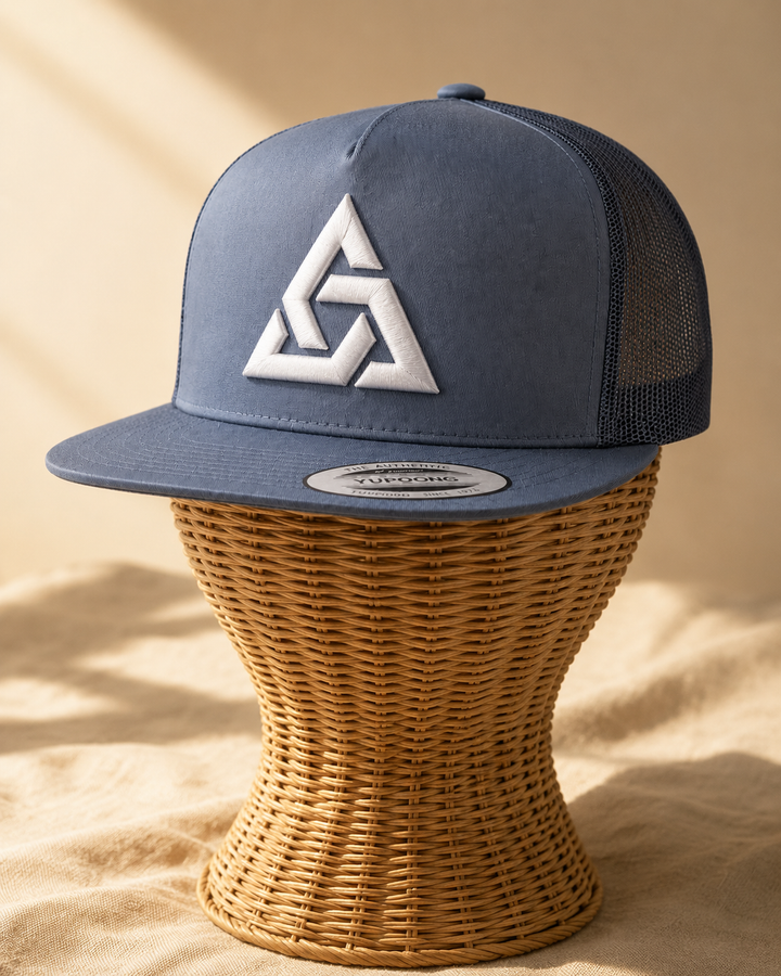 🌫️⚡ Steel Axiom – Apex Knot · White 3D puff · Steel Blue Flat Trucker | Hand Finished in Dubai | EmbroMania
