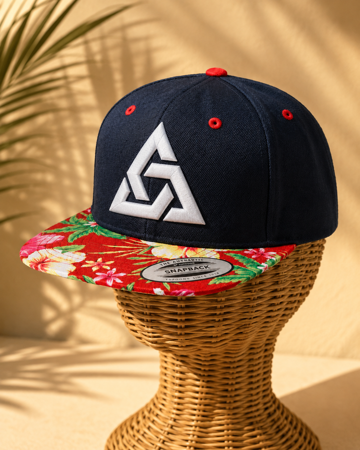 🌺⚡ Tropic Lock – Apex Knot · White 3D puff · Navy Crown &amp; Tropical Floral Brim | Hand Finished in Dubai | EmbroMania
