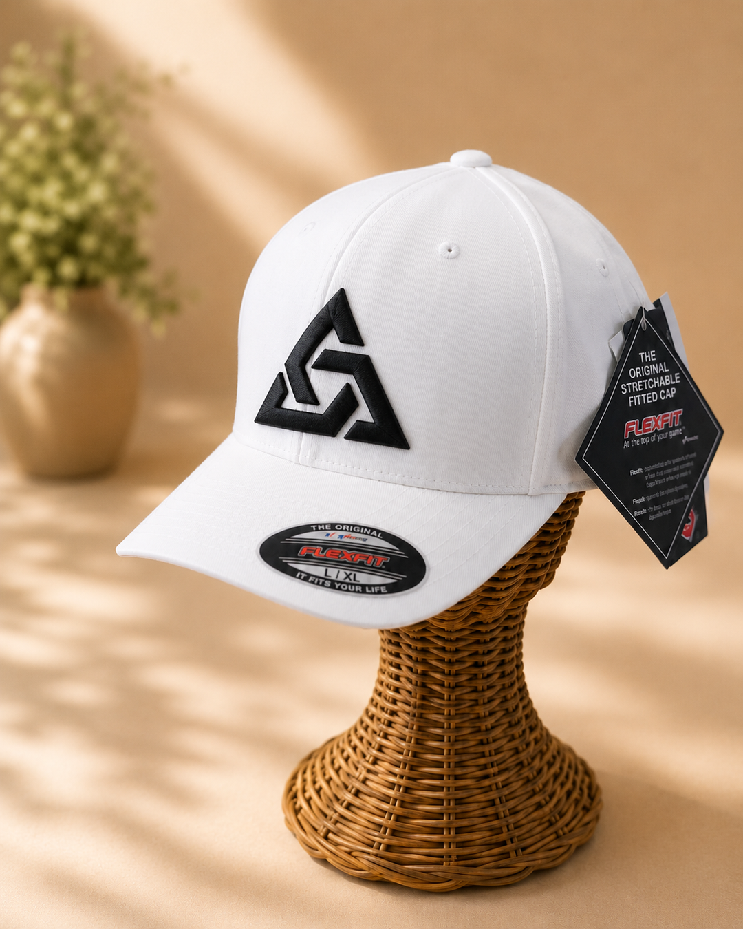 ☁️🖤 White Lock – Apex Knot · Black 3D puff · White Solid Flexfit | Hand Finished in Dubai | EmbroMania