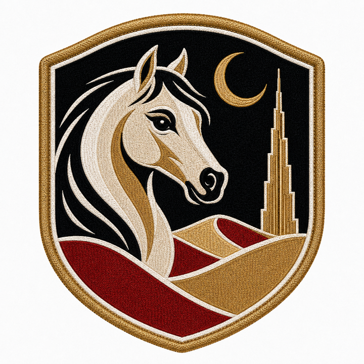 Arabian Horse Moon Crest embroidery patch featuring a horse head silhouette over dunes and the Dubai skyline under a crescent moon | Hand Finished in Dubai | EmbroMania
