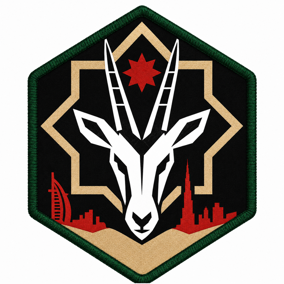Arabian Oryx Skyline Crest embroidery patch featuring an oryx head over a star motif on a hexagon crest | Hand Finished in Dubai | EmbroMania