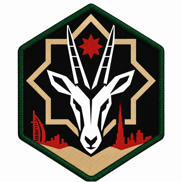 Arabian Oryx Skyline Crest embroidery patch featuring an oryx head over a star motif on a hexagon crest | Hand Finished in Dubai | EmbroMania