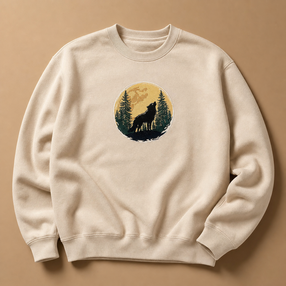 Mystic Forest Wolf Machine Embroidered Sweatshirt – Hand Finished in Dubai | EmbroMania
