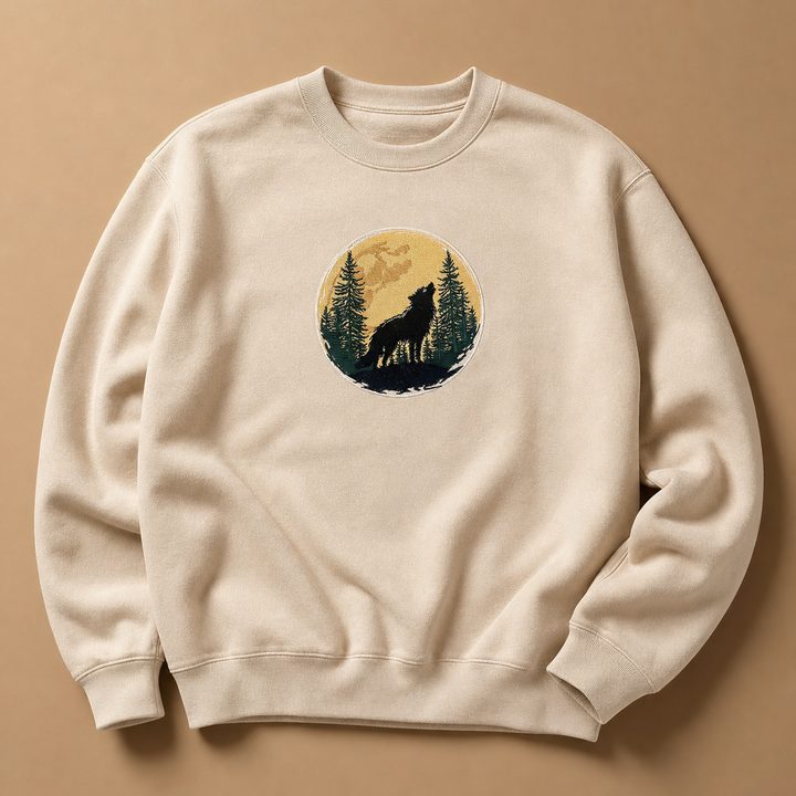 Mystic Forest Wolf Machine Embroidered Sweatshirt – Hand Finished in Dubai | EmbroMania