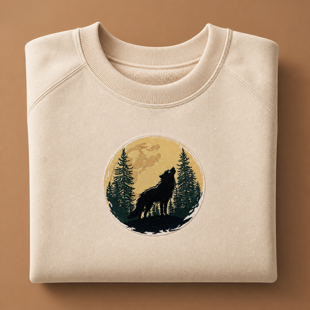 Mystic Forest Wolf Machine Embroidered Sweatshirt – Hand Finished in Dubai | EmbroMania