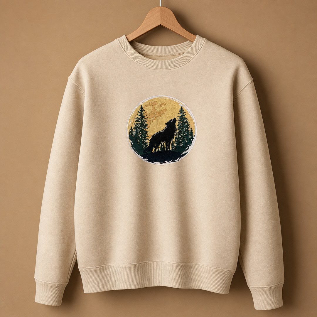 Mystic Forest Wolf Machine Embroidered Sweatshirt – Hand Finished in Dubai | EmbroMania