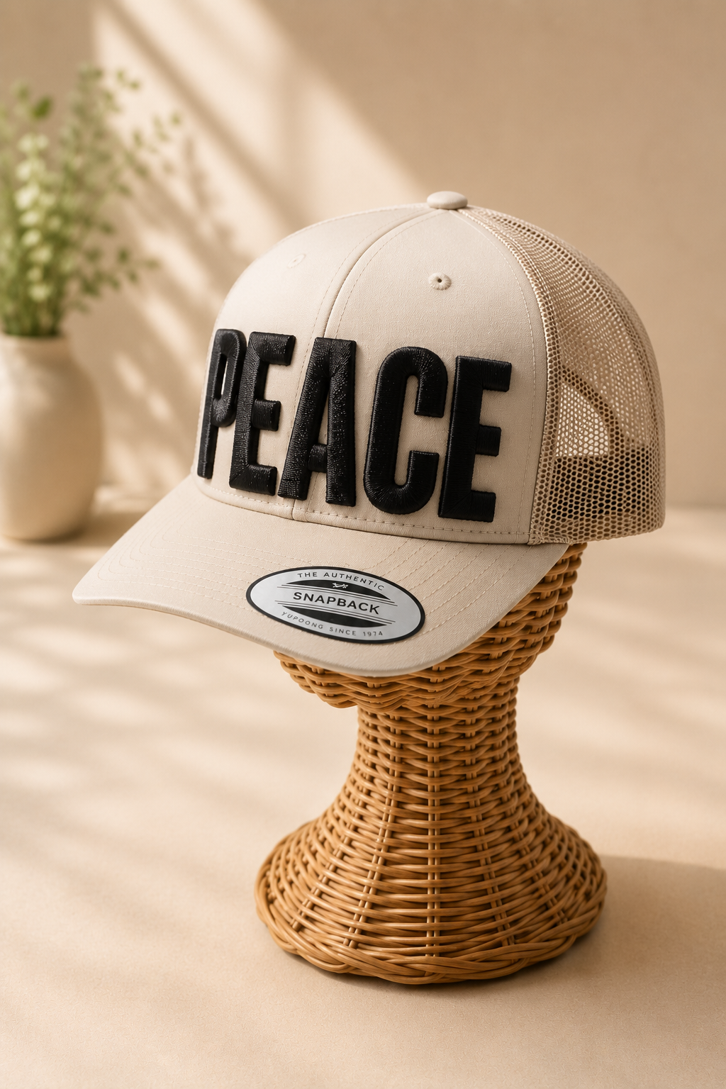 Big Bold 3D Puff Font — Beige Cap, Custom PEACE Text on Wicker Stand | EmbroMania