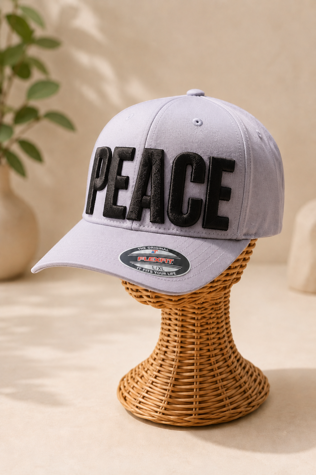 Big Bold 3D Puff Font — Light Grey Cap, Custom PEACE Text on Wicker Stand | EmbroMania