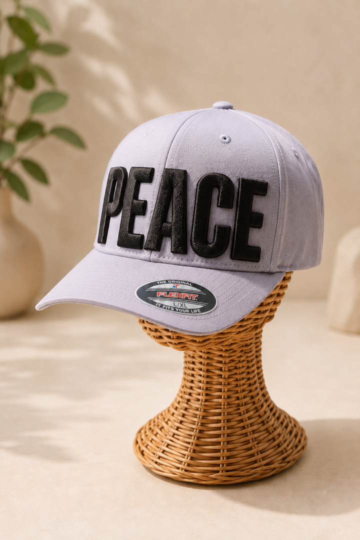 Big Bold 3D Puff Font — Light Grey Cap, Custom PEACE Text on Wicker Stand | EmbroMania