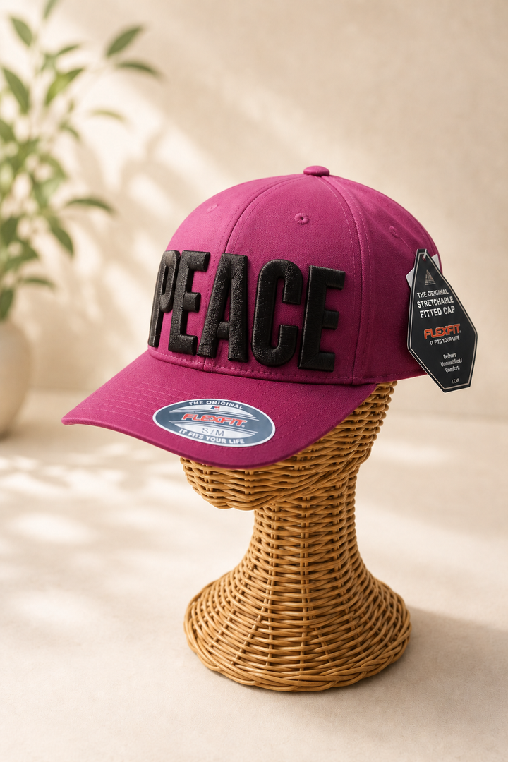 Big Bold 3D Puff Font — Maroon Cap, Custom PEACE Text on Wicker Stand | EmbroMania