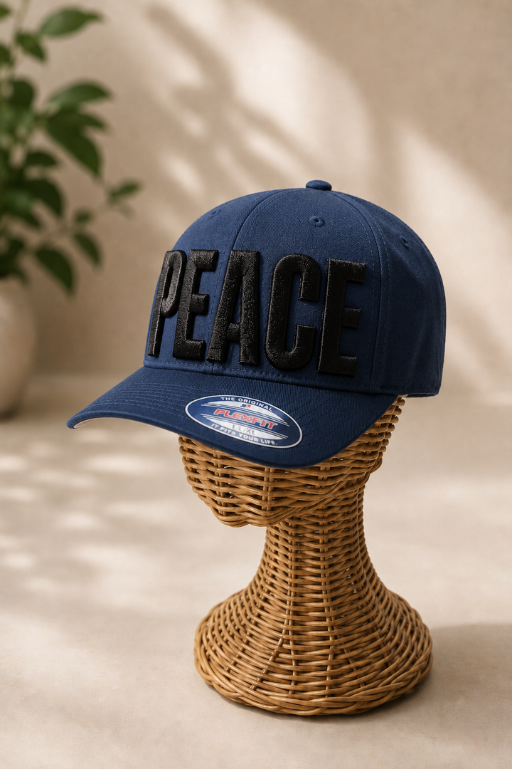 Big Bold 3D Puff Font — Navy Blue Cap, Custom PEACE Text on Wicker Stand | EmbroMania