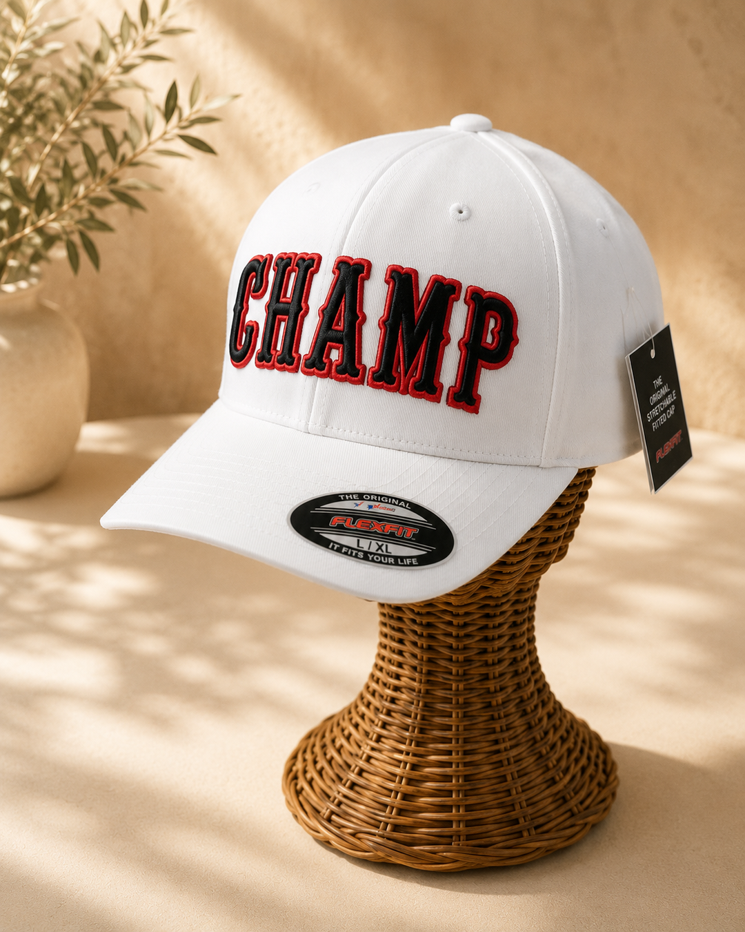 🥇 All Day – Boston 3D Puff · Black fill · Red outline · White Flexfit curved | Hand Finished in Dubai | EmbroMania