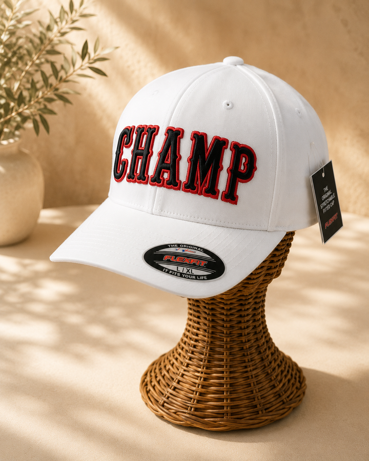 🥇 All Day – Boston 3D Puff · Black fill · Red outline · White Flexfit curved | Hand Finished in Dubai | EmbroMania