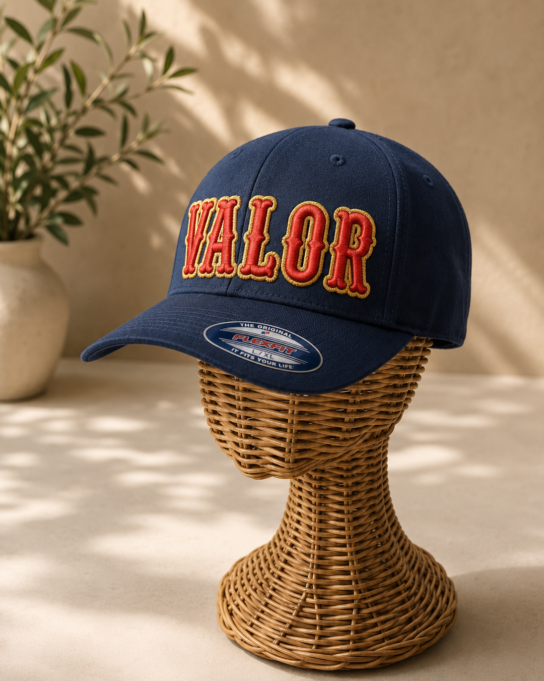 Bold &amp; Confident – Boston 3D Puff · Red fill · Gold outline · Navy Flexfit curved | Hand Finished in Dubai | EmbroMania