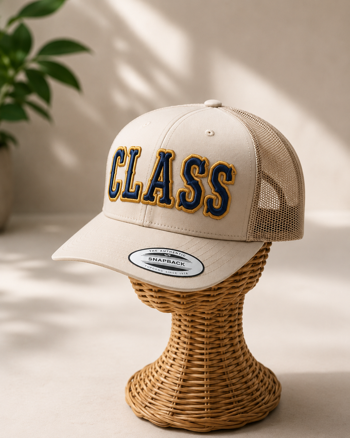 🌿 Campus – Boston 3D Puff · Navy fill · Gold outline · Sand beige retro trucker | Hand Finished in Dubai | EmbroMania