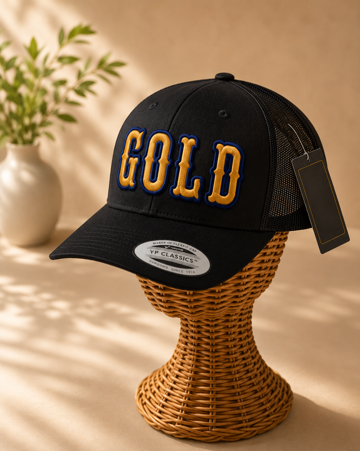 🏅 Glory – Boston 3D Puff · Gold fill · Navy outline · Black curved trucker | Hand Finished in Dubai | EmbroMania