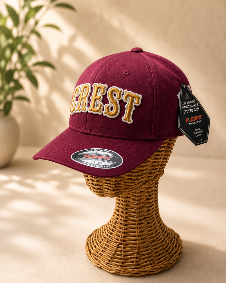 Heritage Luxury – Boston 3D Puff · Gold fill · White outline · Maroon Flexfit curved | Hand Finished in Dubai | EmbroMania
