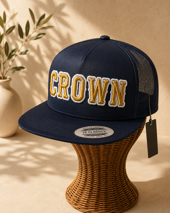 🏆 Legacy – Boston 3D Puff · Gold fill · White outline · Dark navy flat trucker | Hand Finished in Dubai | EmbroMania