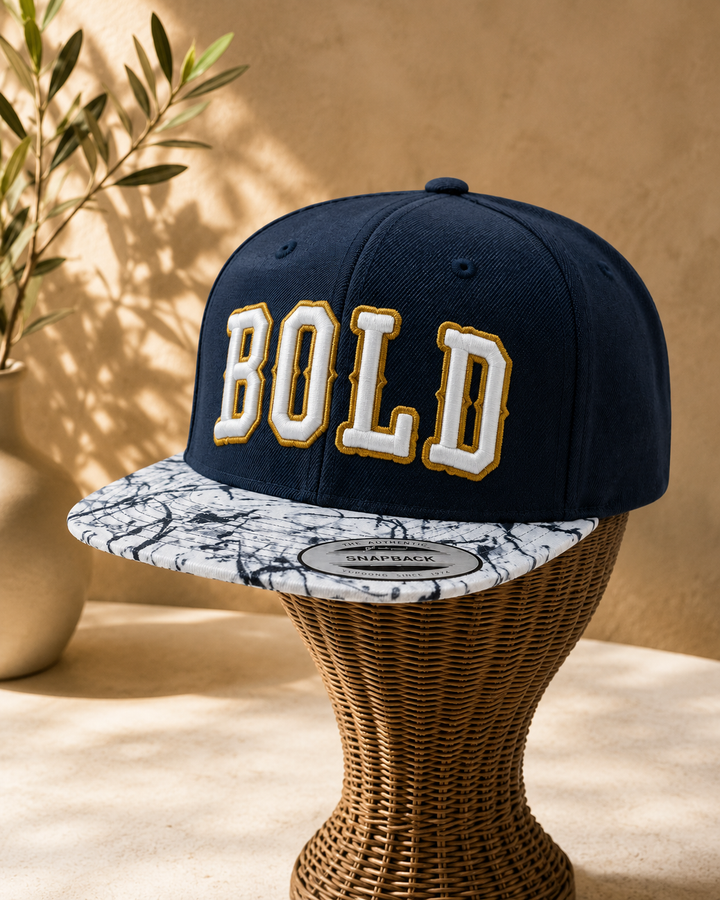 🖤 Marble – Boston 3D Puff · White fill · Gold outline · Navy crown marble brim | Hand Finished in Dubai | EmbroMania