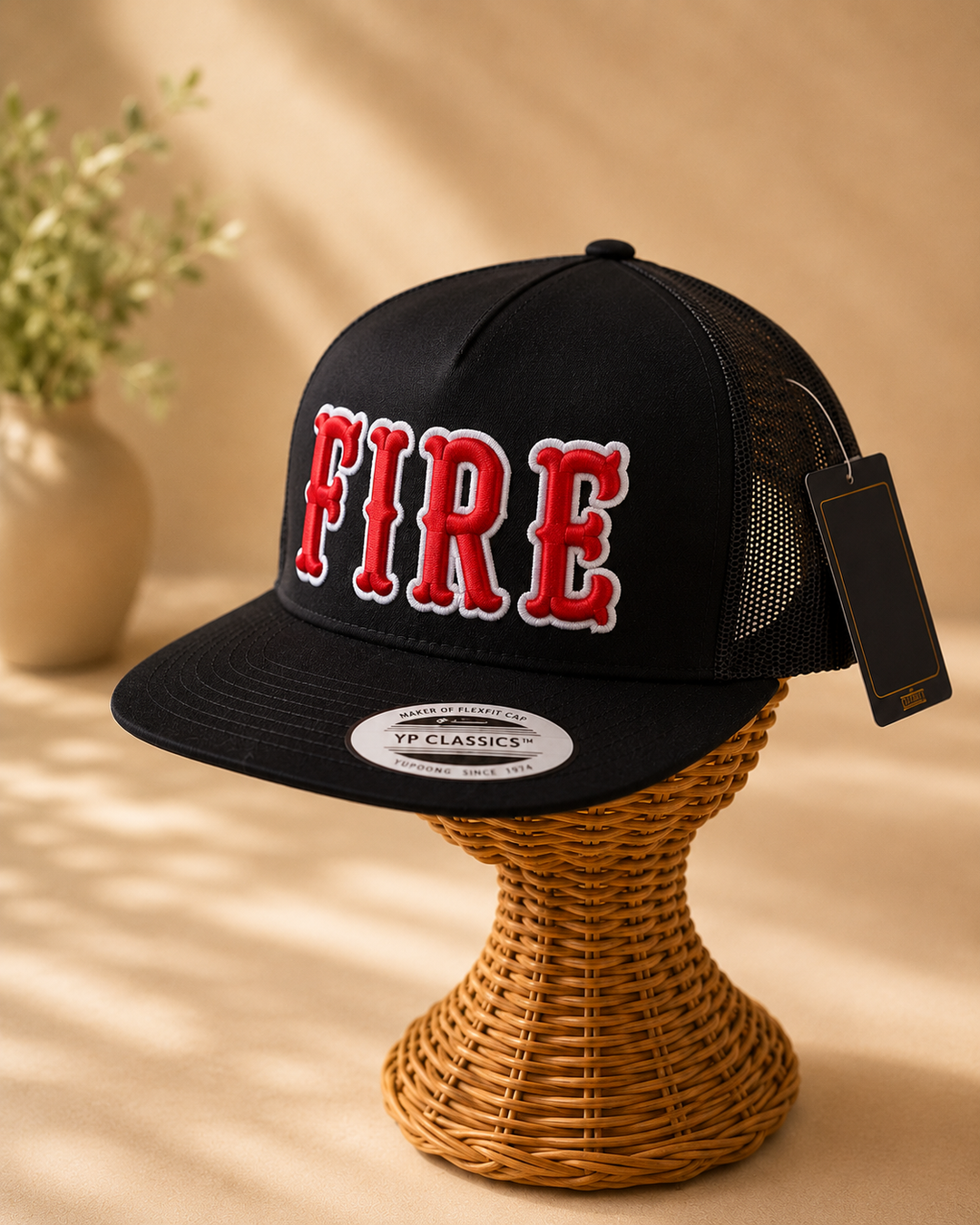 🔴 Night Varsity – Boston 3D Puff · Red fill · White outline · Black flat trucker | Hand Finished in Dubai | EmbroMania