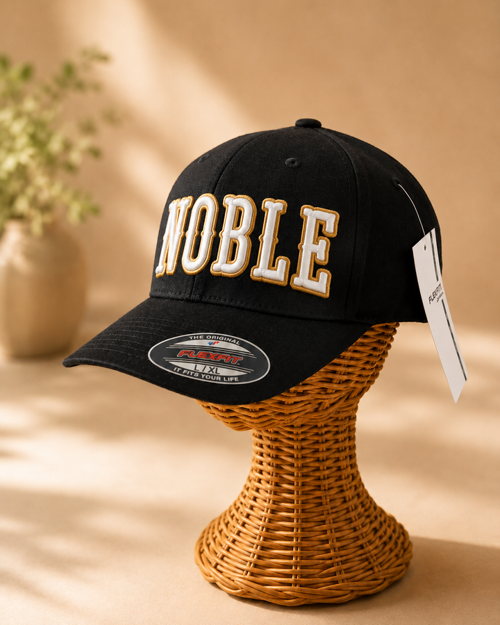 ⭐ Platinum – Boston 3D Puff · White fill · Gold outline · Black Flexfit curved | Hand Finished in Dubai | EmbroMania