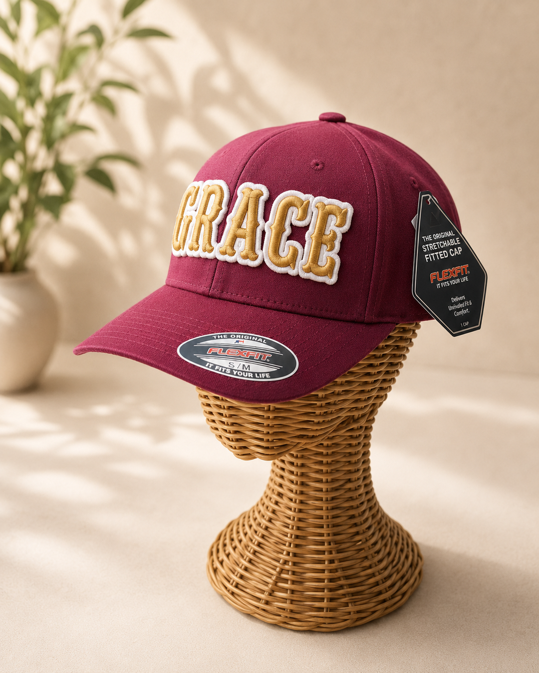 🌸 Prestige – Boston 3D Puff · Gold fill · White outline · Burgundy Flexfit curved | Hand Finished in Dubai | EmbroMania