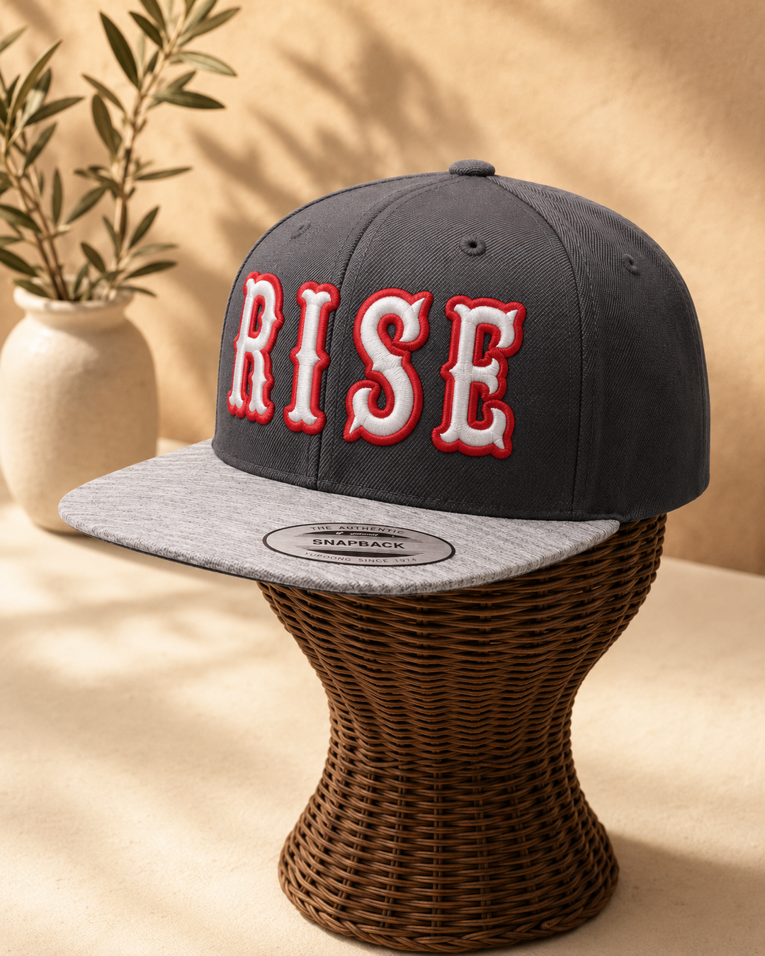 🌑 Rise – Boston 3D Puff · White fill · Red outline · Charcoal grey snapback | Hand Finished in Dubai | EmbroMania